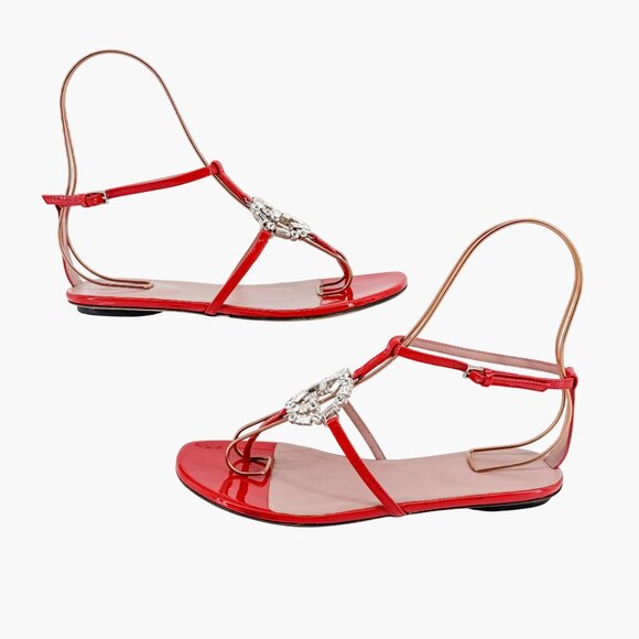 Gucci Crystal GG Interlock T-Strap Sandals EU 37 US 7 Red Patent Flat Logo Thong - Picture 8 of 13